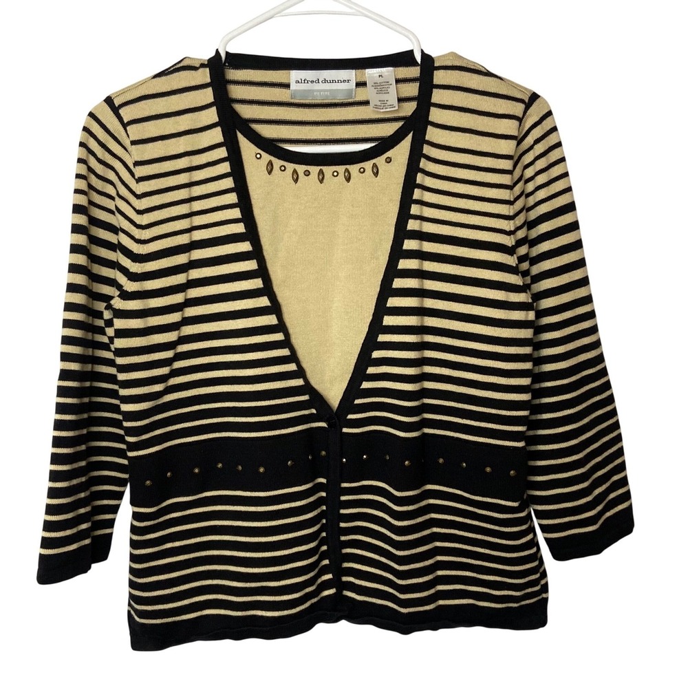 Alfred Dunner Petite Cardigan‎ Sweater Top Tan Black Striped Beaded Size PL